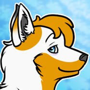 A cartoony calico fox with one orange ear, one dark grey ear, blue eyes, and a pervy expression.